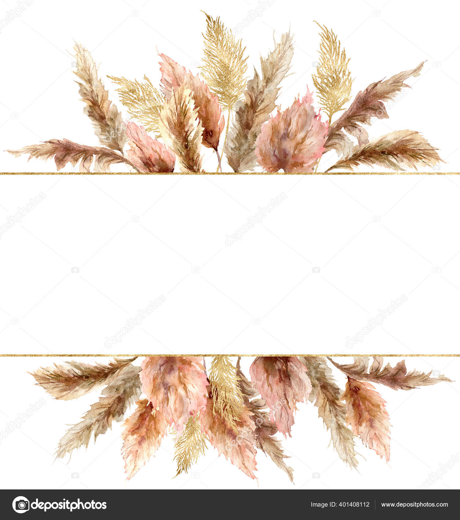 Watercolor tropical banner with dry pampas grass and gold textures. Hand  painted exotic plant isolated on white background. Floral illustration for  design, print, fabric or background. Stock Illustration by ©Derbisheva  #401408112